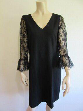 TALBOTS Black 8 Lace Sleeves Knee Length Evening Dress-NWT